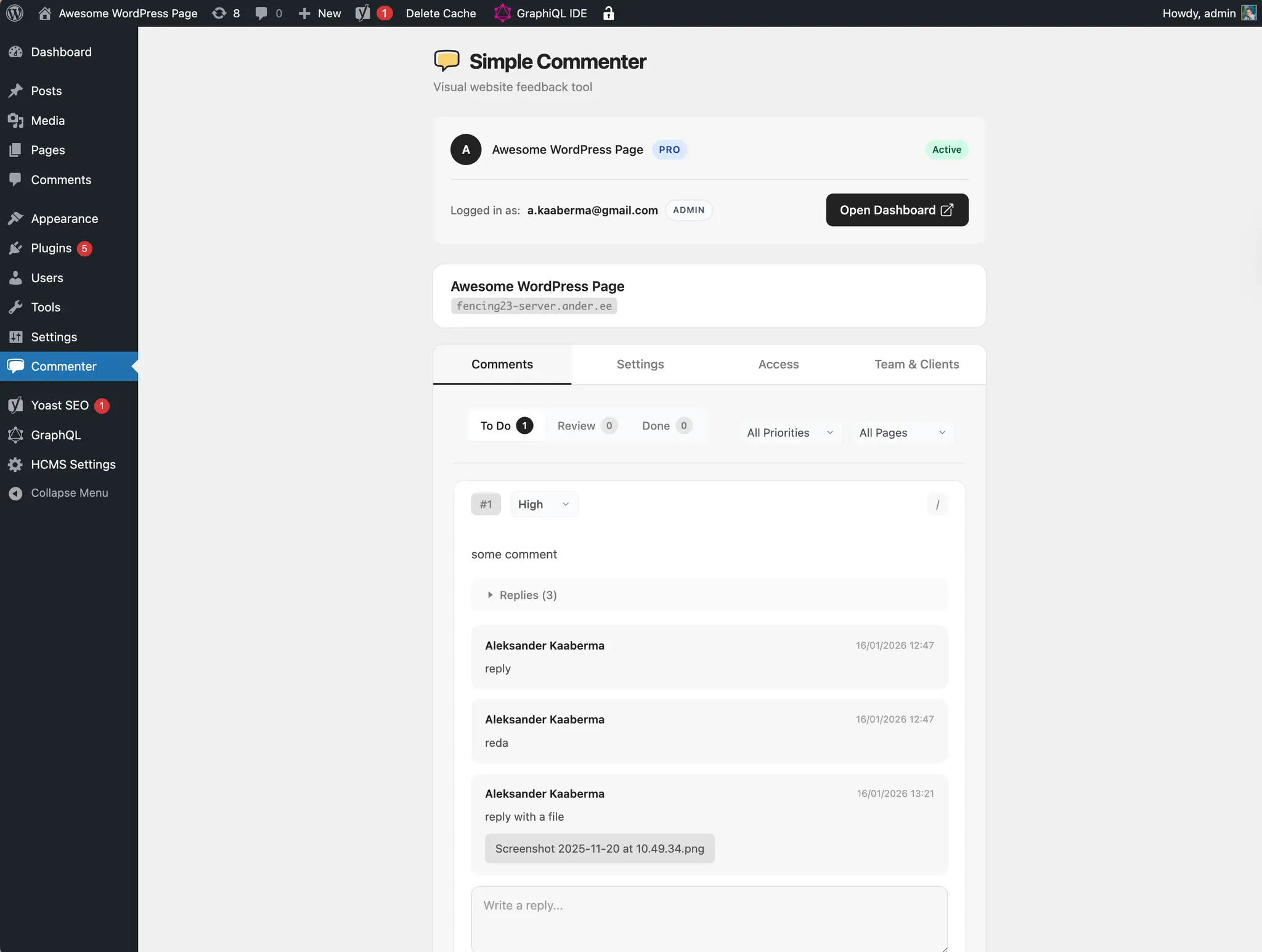 Simple Commenter WordPress plugin dashboard with client feedback inside WP admin