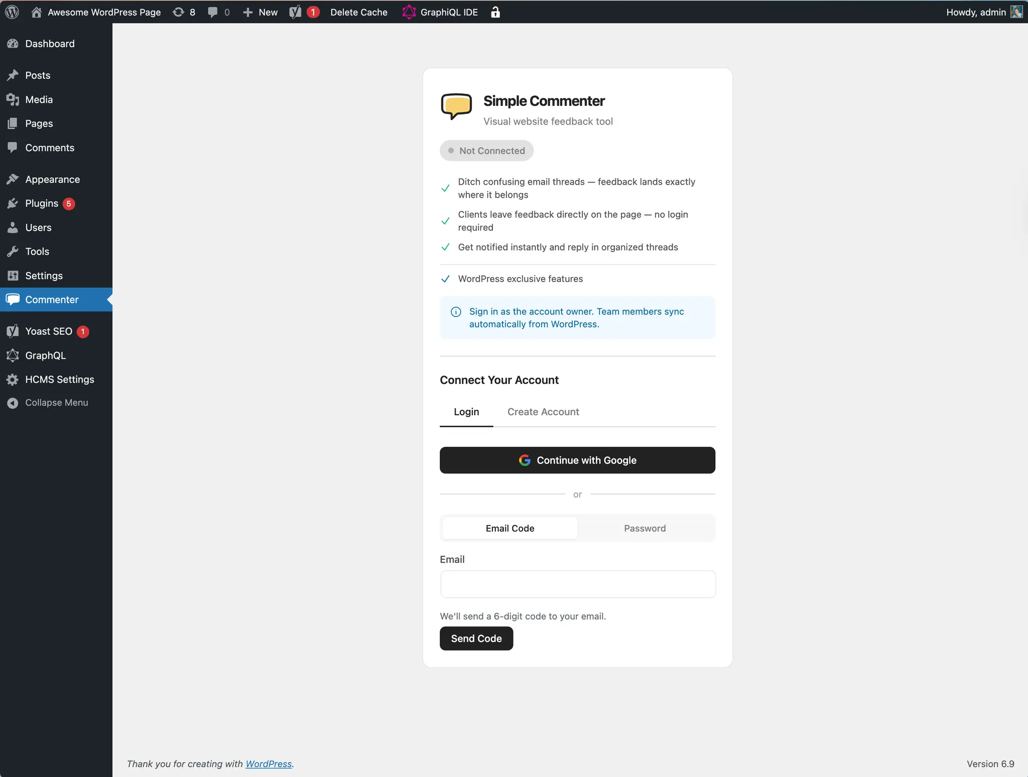 Connect your account from the plugin settings page